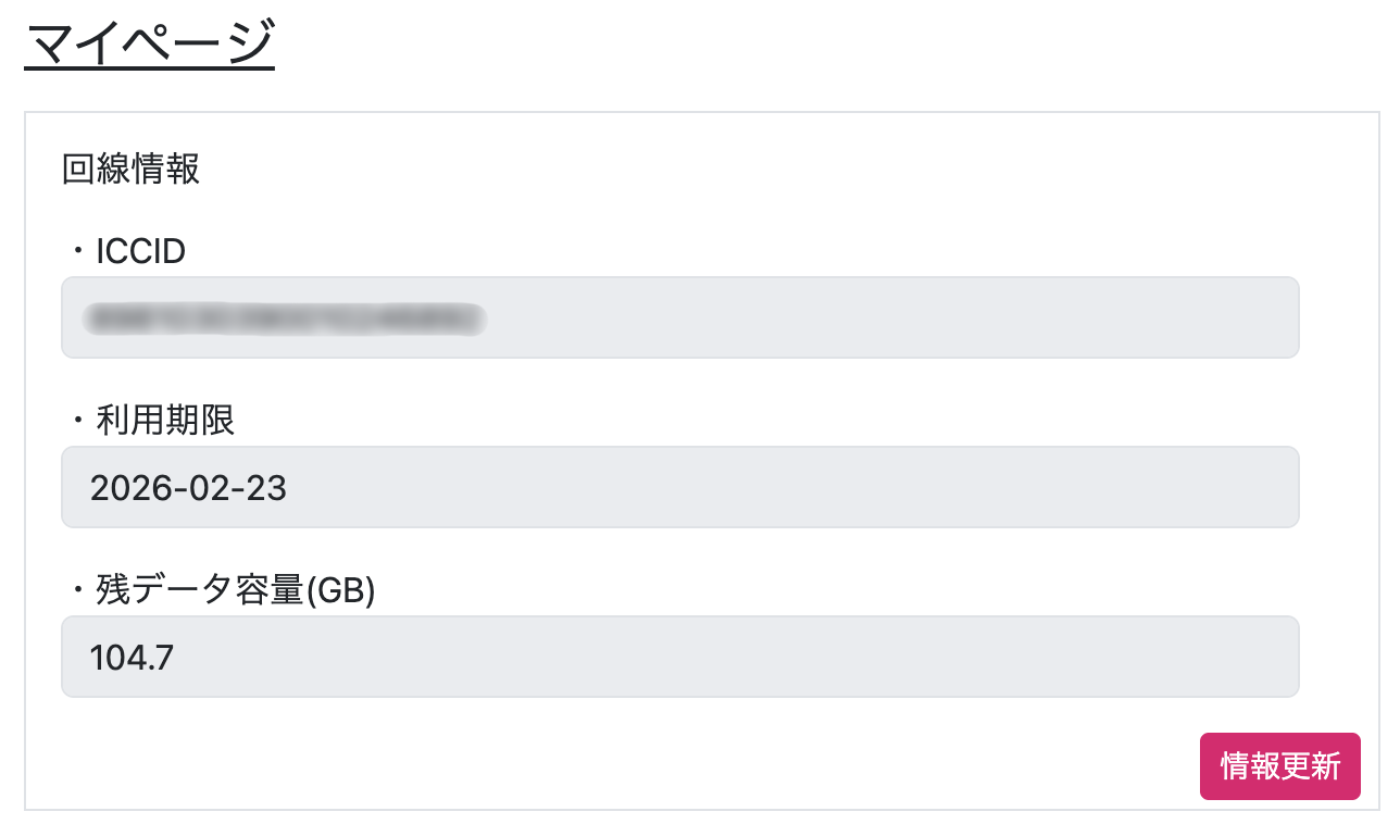 マイページの利用期限と残データ容量の表示例