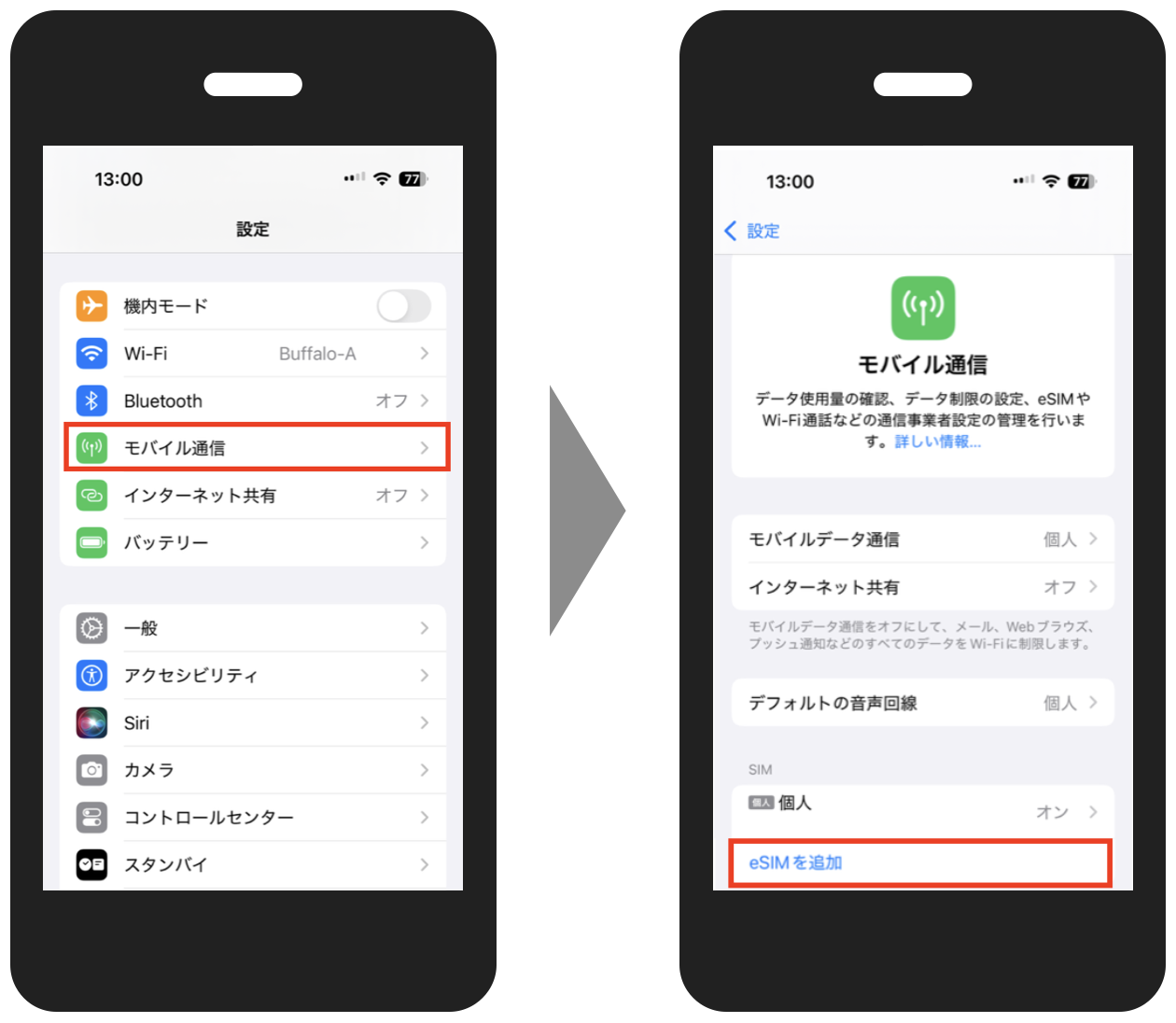 モバイル通信＞eSIMを追加